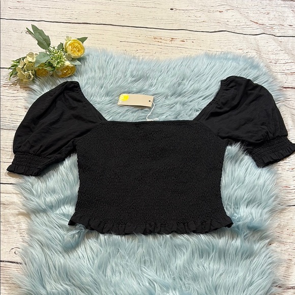 NWT Boden Squareneck Smocked Puff Sleeve Crop Top Black sz 6 - Picture 2 of 11